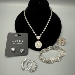 White Rhinestone Jewelry Lot 5pc Necklace Bracelet Earrings Ring READ